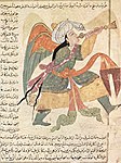 Gambaran pelukis Iraq Zakariya Qazwini membayangkan Malaikat Israfil, pada 1280. Dalam lukisan ini, bentuk sangkakala lebih menyerupai terompet daripada kerang.