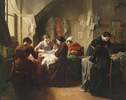 Jean-Baptiste Jules Trayer, Breton seamstresses in a shop (1854). Before the Industrial Revolution, a seamstress did hand sewing.