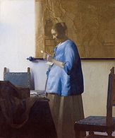 Johannes Vermeer: Brieflezende vrouw in het blauw, circa 1663, dat de verfijning en verstilling in het werk van Vermeer illustreert.