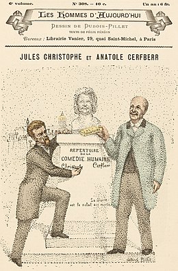 Jules Christophe et Anatole Cerfberr présentent un exemplaire de leur Répertoire de La comédie humaine à un buste de Balzac (Les hommes d'aujourd'hui, vol. 6, n° 308).jpg