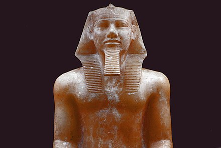 Alabaster statue of Khafre, probably from Memphis, now in the Egyptian Museum at Cairo.