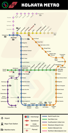 Kolkata Metro Map showcasing all the current, under construction and planned metro lines and stations. Kolkata Metro Map V8 HQ.png