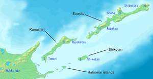 Disputed islands in question: Habomai Islands, Shikotan, Kunashiri (Kunashir) and Etorofu (Iturup). Kuril-Islands-Northern-Territories-of-Japan-Map.png