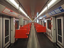 A Helsinki Metro train carriage completely empty of passengers because of the COVID-19 pandemic. Lansimetro train from Tapiola to Keilaniemi completely empty.jpg