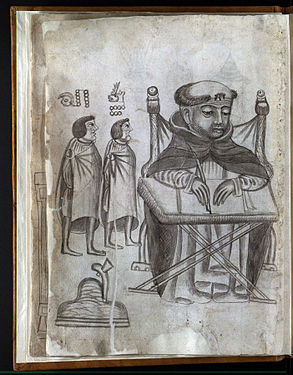 Un fraile escribiendo un acta sentado en una silla de dignatario. Representados en menor escala y en subordinación, dos indígenas de pie miran al fraile, Juicio inquisitorio representado en la lámina 6 del Códice Yanhuitlán 1550.[15]​
