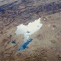 Lake Van viewed from space. The town of Halat can be clearly seen towards the left of the picture, on the northern shore of the lake Lake Van, Turkey from STS-41G.jpg