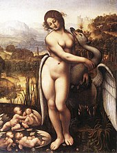 Leda and the Swan by Cesare da Sesto (c. 1506-1510, Wilton). The artist has been intrigued by the idea of Helen's unconventional birth; she and Clytemnestra are shown emerging from one egg; Castor and Pollux from another. Leda and the Swan 1505-1510.jpg