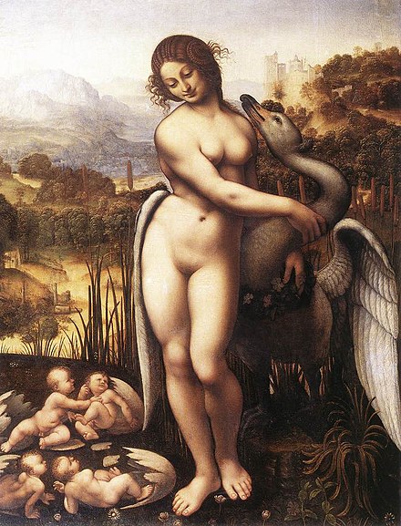 Leda and the Swan by Cesare da Sesto (c. 1506–1510, Wilton). The artist has been intrigued by the idea of Helen's unconventional birth; she and Clytemnestra are shown emerging from one egg; Castor and Pollux from another.