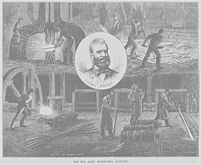 Views of the Eskbank Ironworks c1879, with Hughes' portrait in the centre. Lithgow - Eskbank Ironworks c1879 (Sydney Mail 19 July 1879 p93).jpg