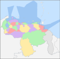 Mapa político actual d Venezuela, mostrando ás súas augas territoriais (en azul) e a Güiana Esequeba (en gris).