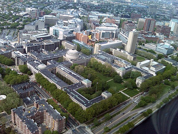 MIT central campus, viewed from a helicopter in 2010 over the Charles River