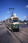 In mei 1991 reden er nog enkelgelede Konstal 102Na trams. De bestemmingsfilm op nr. 46 op lijn 1 ontbreekt en daarom wordt er een kartonnen bord achter de voorruit gelegd.