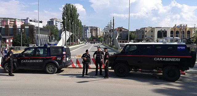 KFOR-MSU Carabinieri in front of the Ibar Bridge, in Mitrovica, Kosovo. (2019).