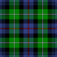 A predominantly blue, green, and black tartan with thin red and white lines