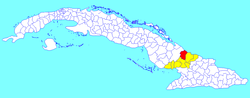 Localização do distrito de Manatí(vermelho) e da província de Las Tunas (amarelho) em Cuba
