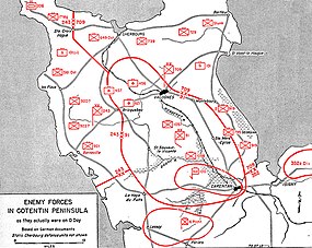 Mapa s rozmístěním německých jednotek na poloostrově Cotentin v den D