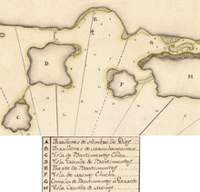 Detail of Spanish map circa 1700 showing Puerto de Bastimentos (E) (with an inverted anchor marking the anchorage), Isla Grande de Bastimentos (D) (today's Isla Grande) and Isla de Bastimentos Chica (C); (H) is Isla Grande de Monos (today's Isla Linton), with its adjoining Isla de Monos Chica (F); orientation inverted, with south at top Map BastimentosAnchorage Portobelo Panama Circa1700.png