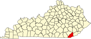 Mapa stanu Kentucky z zaznaczeniem hrabstwa Bell