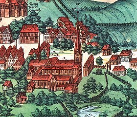 L'abbaye sur une illustration de Segeberg dans Civitates orbis terrarum de Braun et Hogenberg, 1588.