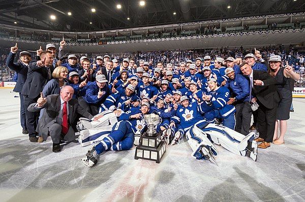 The Marlies with the Calder Cup, the club's first after defeating the Texas Stars in the 2018 Calder Cup Final.