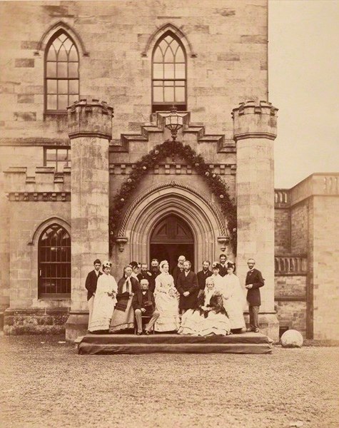 The 11th Earl and Countess of Home (seated) at the marriage of their son Lord Dunglass, Douglas Castle, 1870