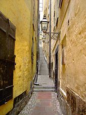 A typical urban footpath: Marten Trotzigs Grand, 90 cm (3.0 ft) wide, the narrowest alley in Gamla stan, Stockholm, Sweden Marten-Trotzigs-Graend.jpg