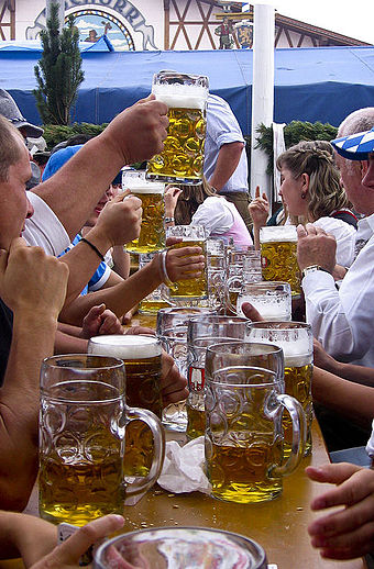One-litre beer mugs (German: Maßkrüge) at the 2006 Oktoberfest in Germany