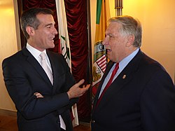 Hoffa with the Mayor of Los Angeles Eric Garcetti in 2017 Mayor Garcetti & James P. Hoffa Jr. (12179532535).jpg