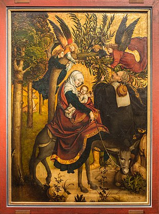 Fuga para o Egito (1502), pintura no altar da Abadia de Melk por Jörg Breu, o Velho. (definição 3 393 × 4 584)