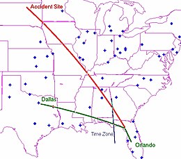 The projected (in green) and actual (in red) ground track of N47BA from departure in Orlando to Dallas and to crash site in South Dakota. NTSB-N47BA-slide0046 image002.jpg