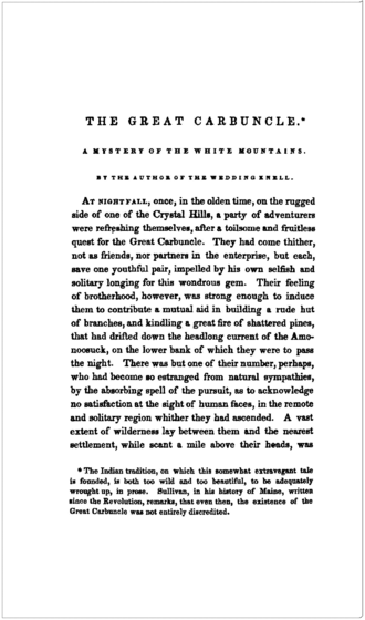 First page of the anonymous first edition in the 1837 issue of The Token and Atlantic Souvenir (published in 1836) Nathaniel-Hawthorne The-Great-Carbuncle First-Page.png
