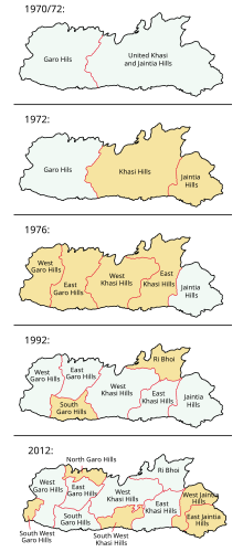 Entwicklung der Distrikteinteilung in Meghalaya seit 1972 ﻿neu gebildete Distrikte