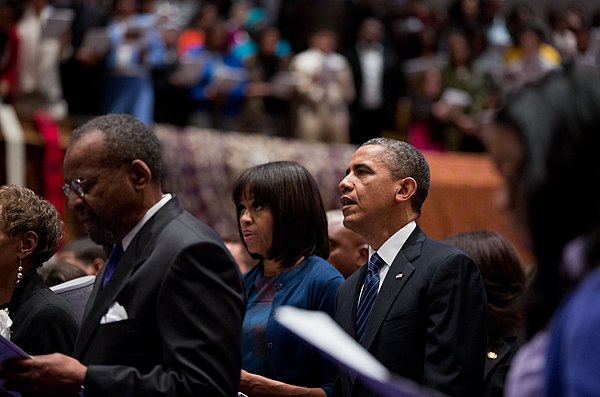 President Barack Obama and First Lady Michelle Obama attend a church service at Metropolitan African Methodist Episcopal Church in Washington, D.C., o