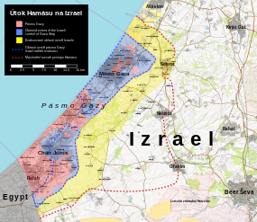 Mapa ukazující Pásmo Gazy (červeně), evakuované území (žlutě) a největší postup palestinských ozbrojenců (červená přerušovaná linie)