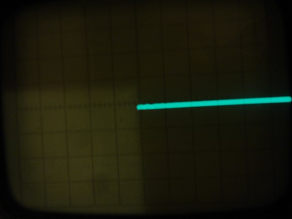 The display on an oscilloscope at normal intensity.