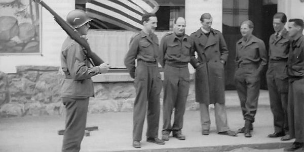Lascelles with fellow Prominente after his release: John Alexander Elphinstone, Churchill's cousin Max de Hamel, Michael Alexander and John Winant Jr.