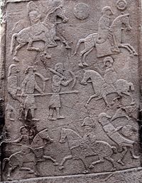 The Aberlemno 2 stone, possibly showing Anglo-Saxon cavalry (right) fighting Picts at the Battle of Dunnichen Pictish Stone at Aberlemno Church Yard - Battle Scene Detail.jpg