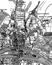 Parte nord-est di Melun tratta da una mappa pubblicata su una guida turistica nel 1896. Vista sul prato di Gaillardon e parte di quello che sarà il percorso della tramvia a Melun.