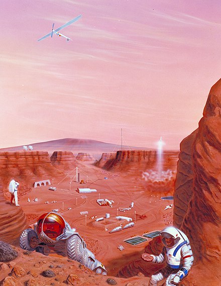 Various technologies and devices for Mars are shown in the illustration of a Mars base