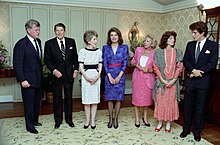 President Ronald Reagan and Nancy Reagan attending a fundraising reception for the John F. Kennedy Library Foundation.jpg
