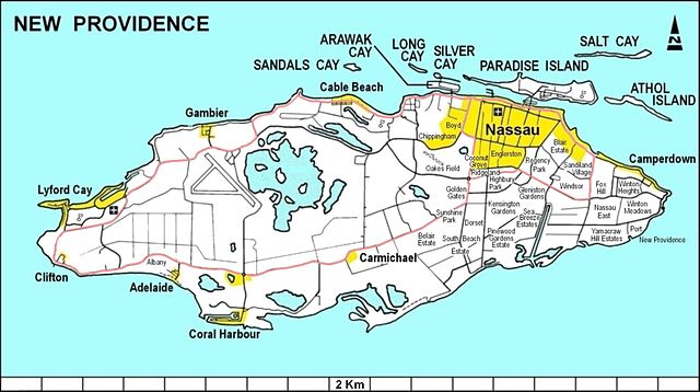 Karte von New Providence, mit den einzelnen Stadtteilen von Nassau im Osten der Insel