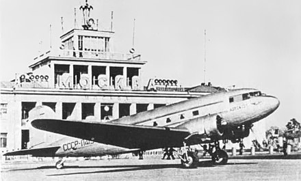 An Aeroflot PS-84 (a Douglas DC-3, modified by fitment of Soviet engines) at Moscow City Airport in 1940. The Lisunov Li-2, a license-built version of the DC-3, would become the backbone of the fleet after the Great Patriotic War.