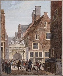 Poort van het Rasphuis, Reinier Vinkeles (1741-1816). Note a prisoner being brought in, in handcuffs Rasphuis0.jpg