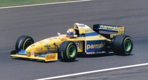 Roberto Moreno driving the FG01 at the 1995 British Grand Prix. He retired on lap 48 when the car's hydraulic pressure dropped.