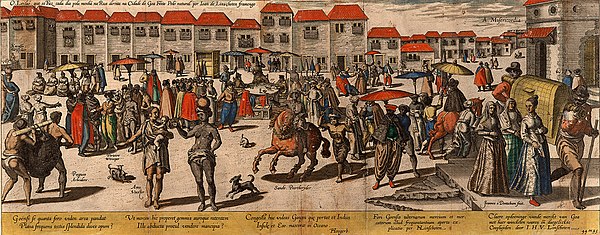 Joannes van Doetecum's print of "The Market at Goa" in Linschoten's Itinerario, showing the main street of Portuguese Goa in the 1580s