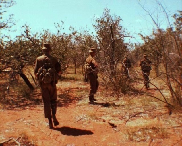 South African troops patrol the border region for PLAN insurgents, 1980s