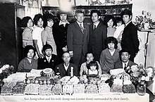 Sakhalin Koreans with food ceremonially prepared for a special occasion, possibly jesa (c. 1940) Sakhalin Koreans.jpg