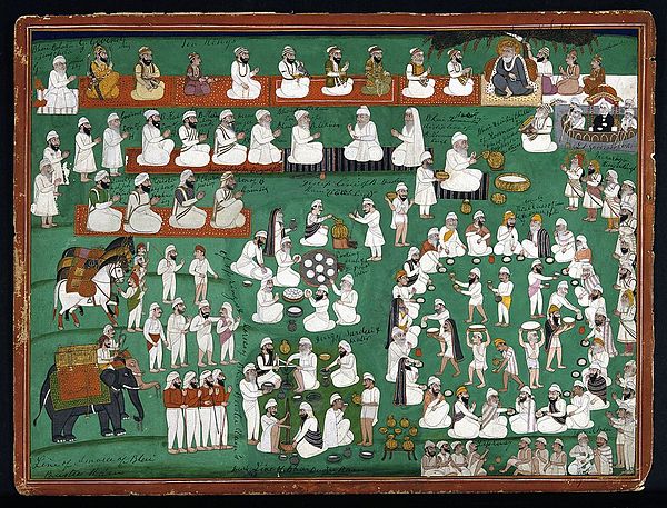 Sikh painting showing a langar in the bottom right, c. 19th century.