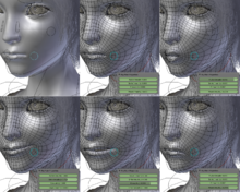 In this example from the open source project Sintel, four facial expressions have been defined as deformations of the face geometry. The mouth is then animated by morphing between these deformations. Dozens of similar controllers are used to animate the rest of the face. Sintel-face-morph.png