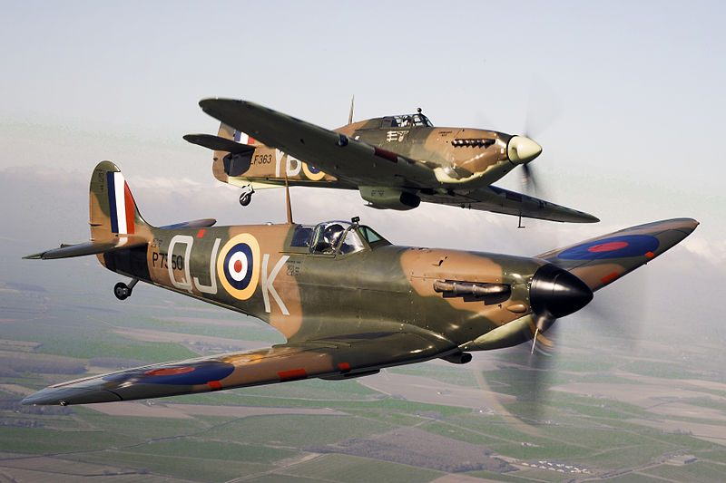 File:Spitfire P7350 (front) flies alongside Hurricane LF363 (back).jpg